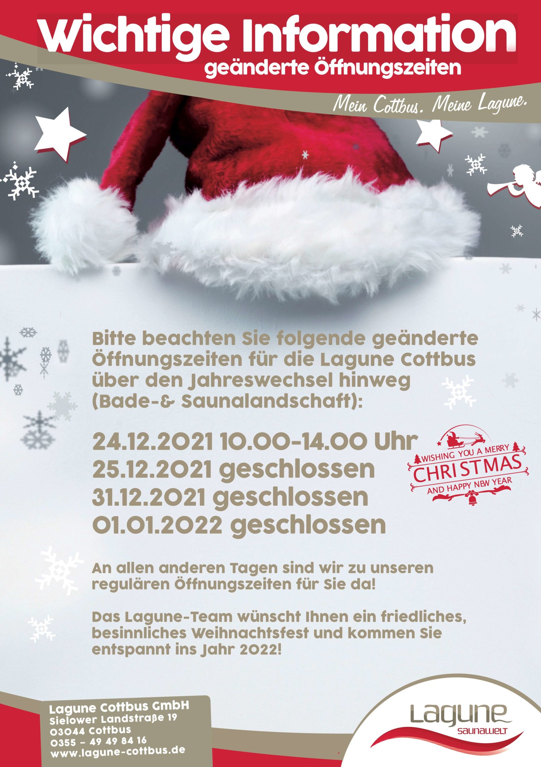 Geänderte Öffnungszeiten für die Lagune Cottbus über den Jahreswechsel 2021/22