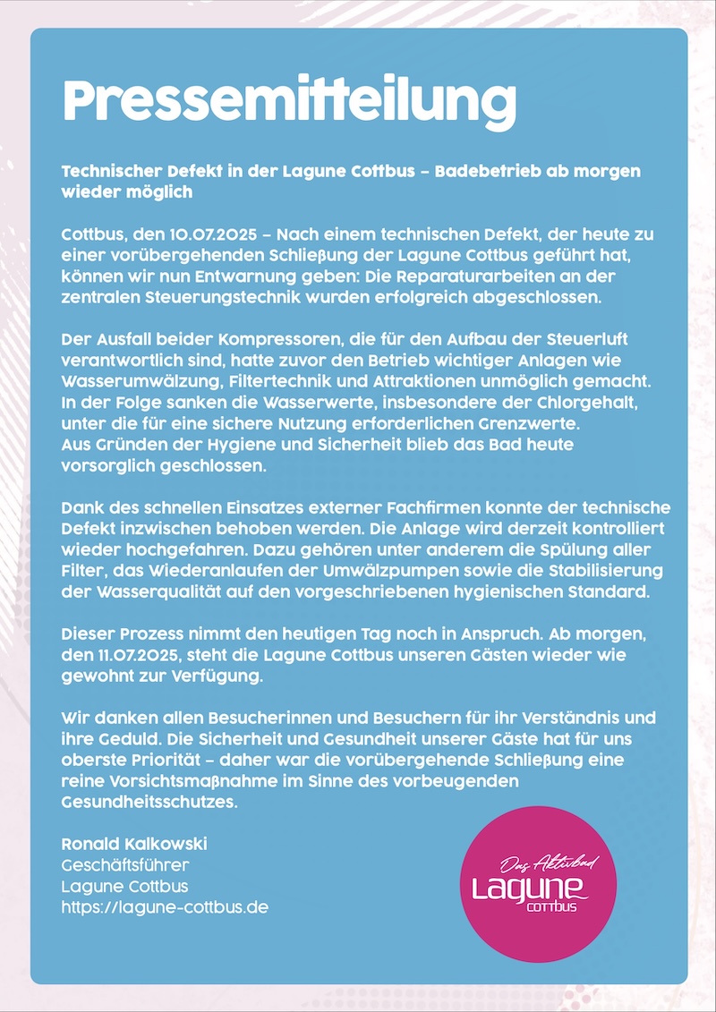 Technischer Defekt in der Lagune Cottbus – Badebetrieb ab 11.07.25 wieder möglich